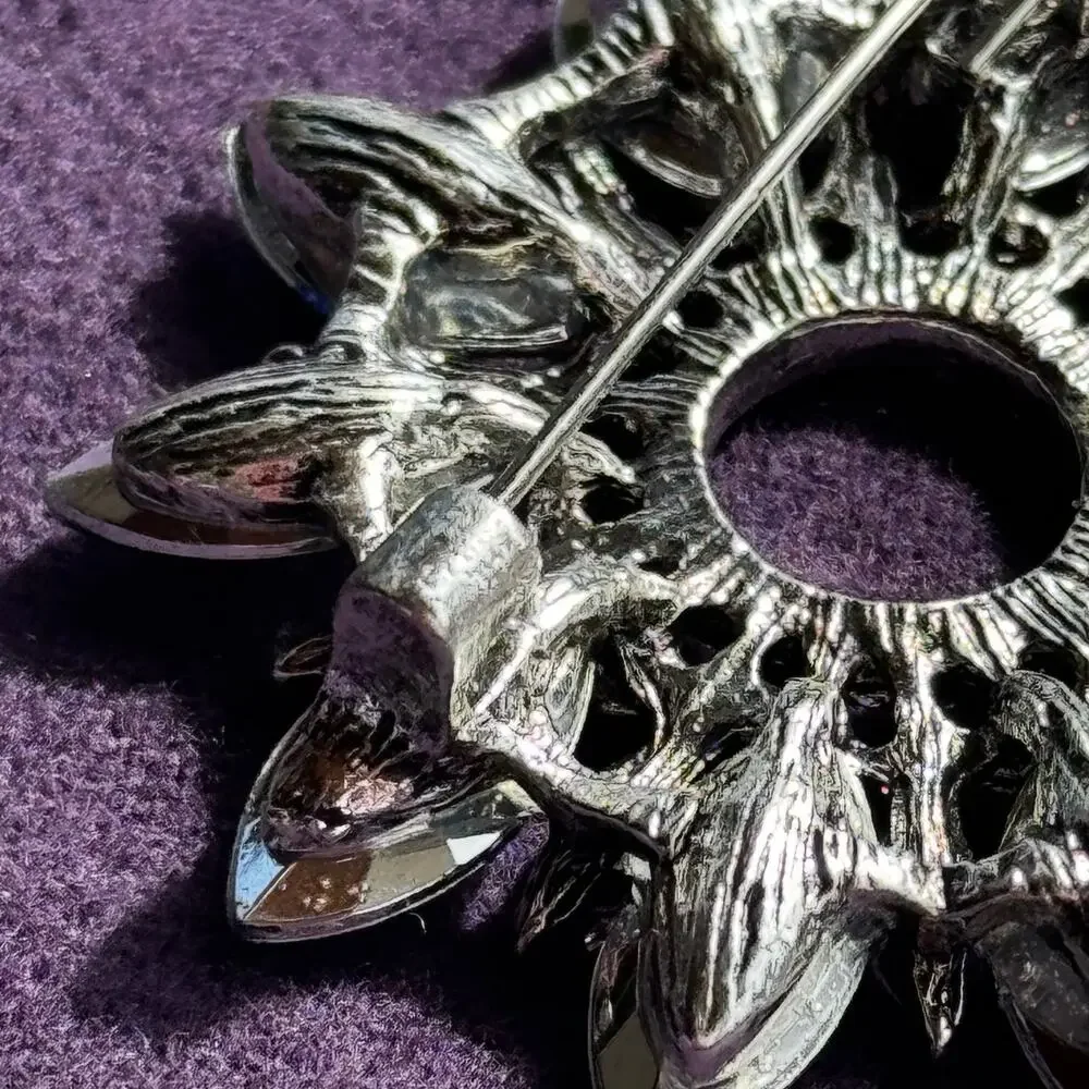 Blue Navette Rhinestone Starburst Brooch Pin Sapphire AB Crystal Silver Tone